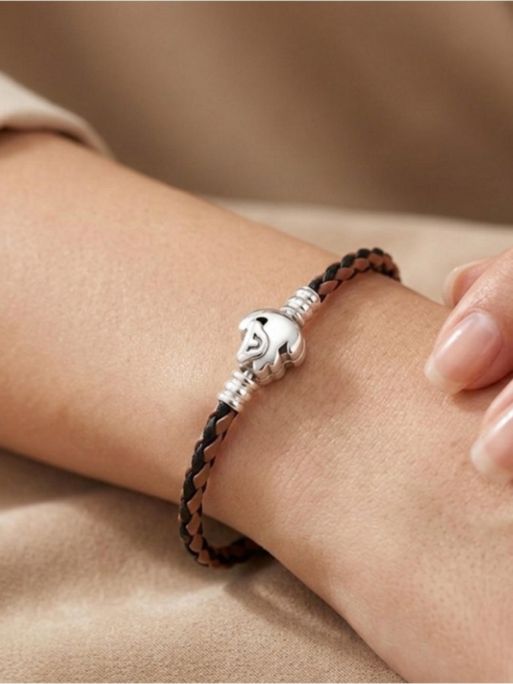 Braided Brown & Black Leather Bracelet with Silver Clasp - Picture 2 of 3